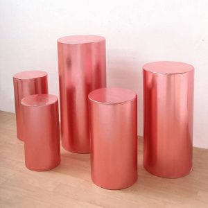 Pedestal Prop Covers |   Set of 5 Metallic Rose Gold Cylinder Stretch Fit Pedestal Pillar Covers, Spandex Plinth Display Box Stand Covers – 130 GSM Event Props Pedestal Prop Covers