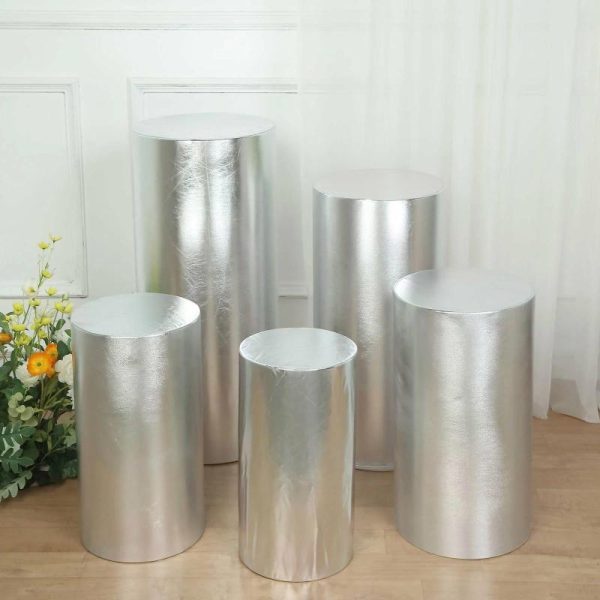 Pedestal Prop Covers |   Set of 5 Metallic Silver Cylinder Stretch Fit Pedestal Pillar Covers, Spandex Plinth Display Box Stand Covers – 130 GSM Event Props Pedestal Prop Covers