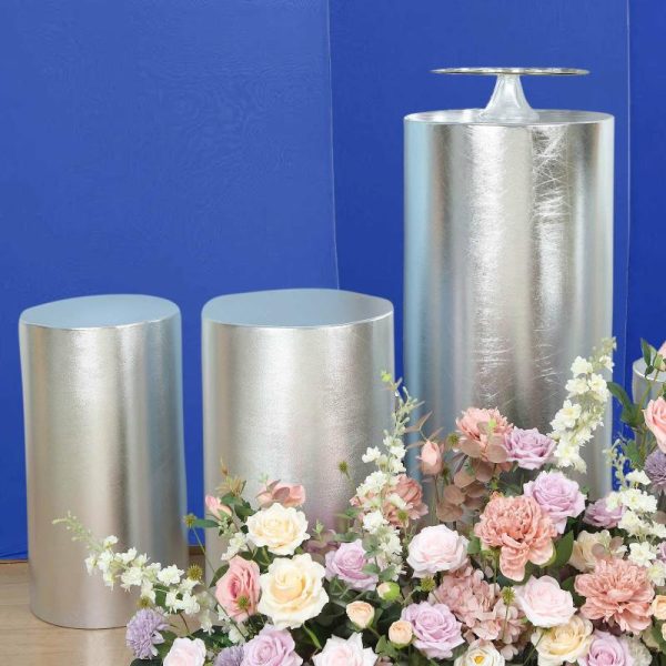 Pedestal Prop Covers |   Set of 5 Metallic Silver Cylinder Stretch Fit Pedestal Pillar Covers, Spandex Plinth Display Box Stand Covers – 130 GSM Event Props Pedestal Prop Covers