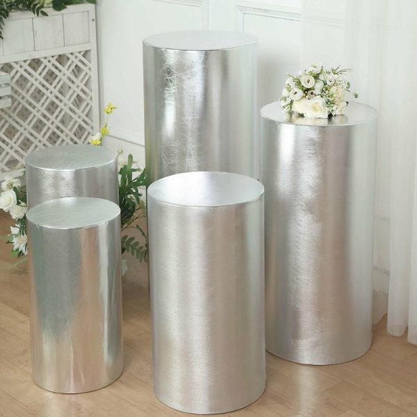 Pedestal Prop Covers |   Set of 5 Metallic Silver Cylinder Stretch Fit Pedestal Pillar Covers, Spandex Plinth Display Box Stand Covers – 130 GSM Event Props Pedestal Prop Covers