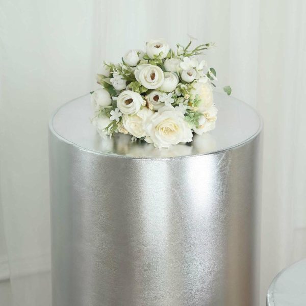 Pedestal Prop Covers |   Set of 5 Metallic Silver Cylinder Stretch Fit Pedestal Pillar Covers, Spandex Plinth Display Box Stand Covers – 130 GSM Event Props Pedestal Prop Covers