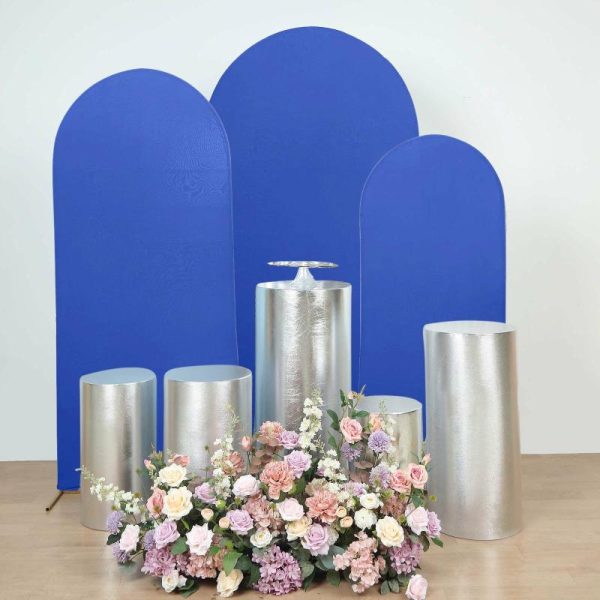 Pedestal Prop Covers |   Set of 5 Metallic Silver Cylinder Stretch Fit Pedestal Pillar Covers, Spandex Plinth Display Box Stand Covers – 130 GSM Event Props Pedestal Prop Covers