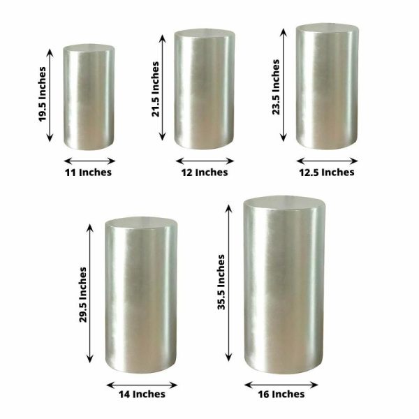 Pedestal Prop Covers |   Set of 5 Metallic Silver Cylinder Stretch Fit Pedestal Pillar Covers, Spandex Plinth Display Box Stand Covers – 130 GSM Event Props Pedestal Prop Covers