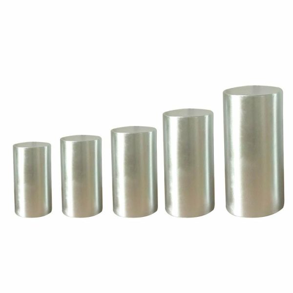 Pedestal Prop Covers |   Set of 5 Metallic Silver Cylinder Stretch Fit Pedestal Pillar Covers, Spandex Plinth Display Box Stand Covers – 130 GSM Event Props Pedestal Prop Covers