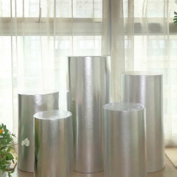 Pedestal Prop Covers |   Set of 5 Metallic Silver Cylinder Stretch Fit Pedestal Pillar Covers, Spandex Plinth Display Box Stand Covers – 130 GSM Event Props Pedestal Prop Covers