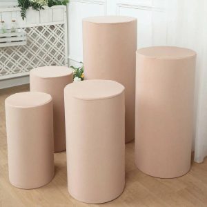 Pedestal Prop Covers |   Set of 5 Nude Cylinder Stretch Fitted Pedestal Pillar Prop Covers, Spandex Plinth Display Box Stand Covers – 160 GSM Event Props Natural