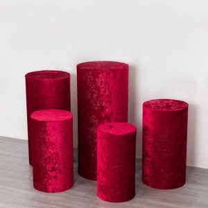 Pedestal Prop Covers |   Set of 5 Red Crushed Velvet Cylinder Pillar Prop Covers, Premium Pedestal Plinth Display Box Stand Covers Event Props Pedestal Prop Covers