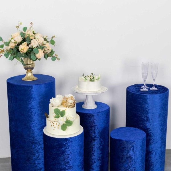 Pedestal Prop Covers |   Set of 5 Royal Blue Crushed Velvet Cylinder Pillar Prop Covers, Premium Pedestal Plinth Display Box Stand Covers Event Props Pedestal Prop Covers