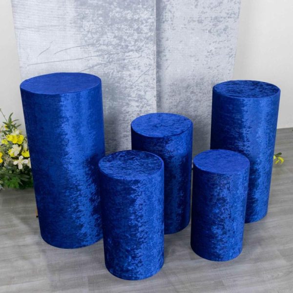 Pedestal Prop Covers |   Set of 5 Royal Blue Crushed Velvet Cylinder Pillar Prop Covers, Premium Pedestal Plinth Display Box Stand Covers Event Props Pedestal Prop Covers