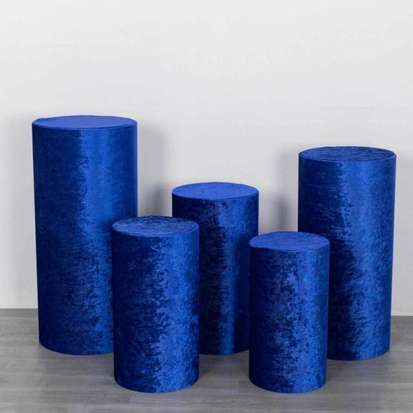 Pedestal Prop Covers |   Set of 5 Royal Blue Crushed Velvet Cylinder Pillar Prop Covers, Premium Pedestal Plinth Display Box Stand Covers Event Props Pedestal Prop Covers