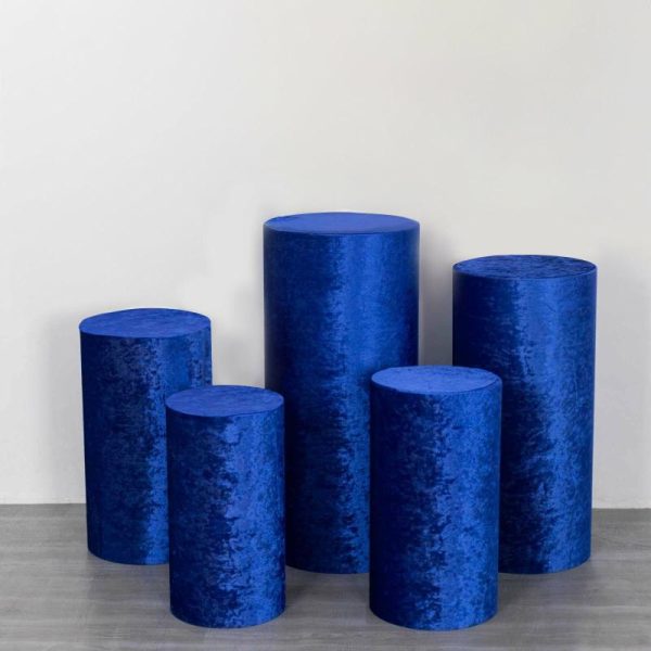 Pedestal Prop Covers |   Set of 5 Royal Blue Crushed Velvet Cylinder Pillar Prop Covers, Premium Pedestal Plinth Display Box Stand Covers Event Props Pedestal Prop Covers