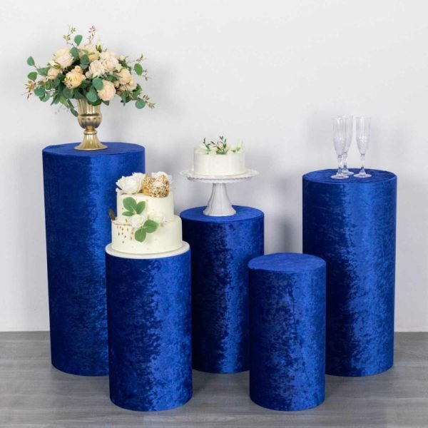 Pedestal Prop Covers |   Set of 5 Royal Blue Crushed Velvet Cylinder Pillar Prop Covers, Premium Pedestal Plinth Display Box Stand Covers Event Props Pedestal Prop Covers