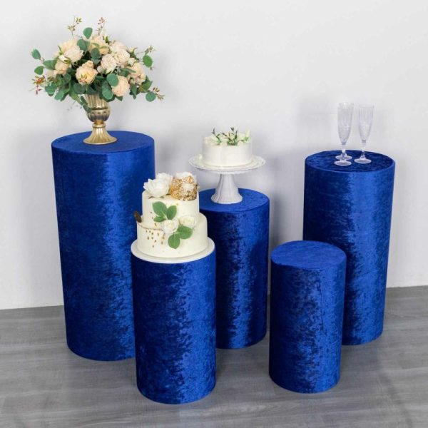 Pedestal Prop Covers |   Set of 5 Royal Blue Crushed Velvet Cylinder Pillar Prop Covers, Premium Pedestal Plinth Display Box Stand Covers Event Props Pedestal Prop Covers