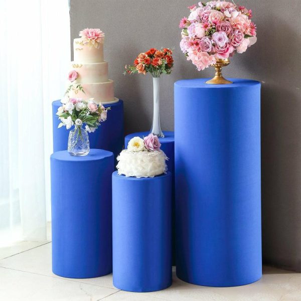 Pedestal Prop Covers |   Set of 5 Royal Blue Cylinder Stretch Fitted Pedestal Pillar Prop Covers, Spandex Plinth Display Box Stand Covers – 160 GSM Event Props Pedestal Prop Covers