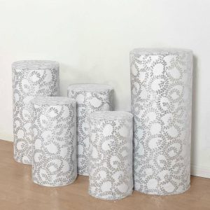 Pedestal Prop Covers |   Set of 5 Silver Sequin Mesh Cylinder Pedestal Pillar Prop Covers with Leaf Vine Embroidery, Sparkly Sheer Tulle Display Box Stand Covers Event Props Pedestal Prop Covers