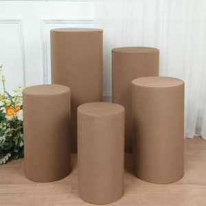 Pedestal Prop Covers |   Set of 5 Taupe Cylinder Stretch Fitted Pedestal Pillar Prop Covers, Spandex Plinth Display Box Stand Covers – 160 GSM Event Props Pedestal Prop Covers