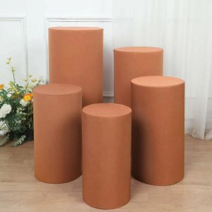 Pedestal Prop Covers |   Set of 5 Terracotta (Rust) Cylinder Stretch Fitted Pedestal Pillar Prop Covers, Spandex Plinth Display Box Stand Covers – 160 GSM Event Props Pedestal Prop Covers