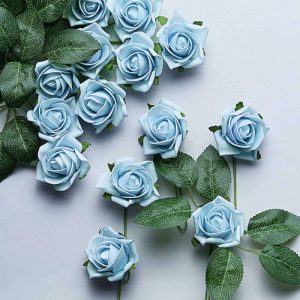 Planters & Supplies |   24 Roses 2″ Dusty Blue Artificial Foam Flowers With Stem Wire and Leaves Artificial Flowers & Greens Dusty Blue