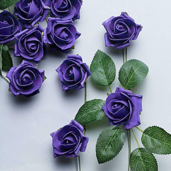 Planters & Supplies |   24 Roses 2″ Purple Artificial Foam Flowers With Stem Wire and Leaves Artificial Flowers & Greens Planters & Supplies