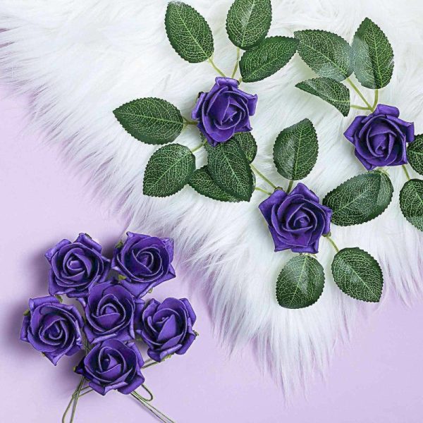 Planters & Supplies |   24 Roses 2″ Purple Artificial Foam Flowers With Stem Wire and Leaves Artificial Flowers & Greens Planters & Supplies