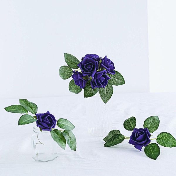 Planters & Supplies |   24 Roses 2″ Purple Artificial Foam Flowers With Stem Wire and Leaves Artificial Flowers & Greens Planters & Supplies