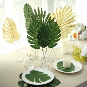 Plants & Pampas |   28 Pack Green And Gold Silk Tropical Monstera Palm Leaves, Assorted Artificial Jungle Theme Branches Artificial Flowers & Greens Plants & Pampas