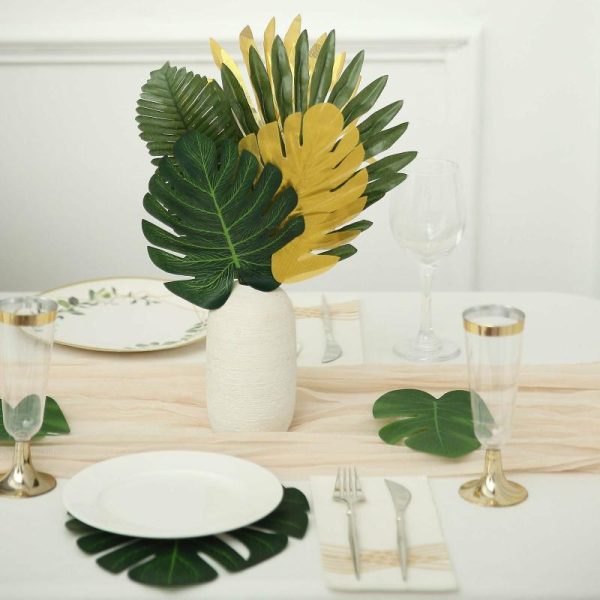 Plants & Pampas |   28 Pack Green And Gold Silk Tropical Monstera Palm Leaves, Assorted Artificial Jungle Theme Branches Artificial Flowers & Greens Plants & Pampas