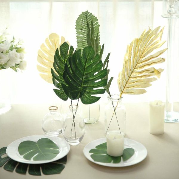 Plants & Pampas |   28 Pack Green And Gold Silk Tropical Monstera Palm Leaves, Assorted Artificial Jungle Theme Branches Artificial Flowers & Greens Plants & Pampas