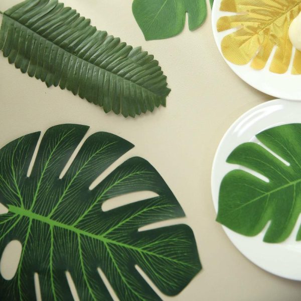 Plants & Pampas |   28 Pack Green And Gold Silk Tropical Monstera Palm Leaves, Assorted Artificial Jungle Theme Branches Artificial Flowers & Greens Plants & Pampas