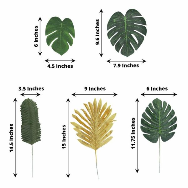 Plants & Pampas |   28 Pack Green And Gold Silk Tropical Monstera Palm Leaves, Assorted Artificial Jungle Theme Branches Artificial Flowers & Greens Plants & Pampas