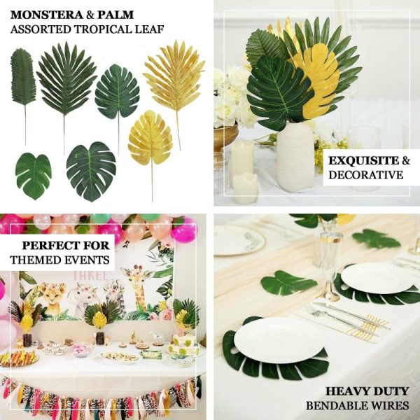 Plants & Pampas |   28 Pack Green And Gold Silk Tropical Monstera Palm Leaves, Assorted Artificial Jungle Theme Branches Artificial Flowers & Greens Plants & Pampas