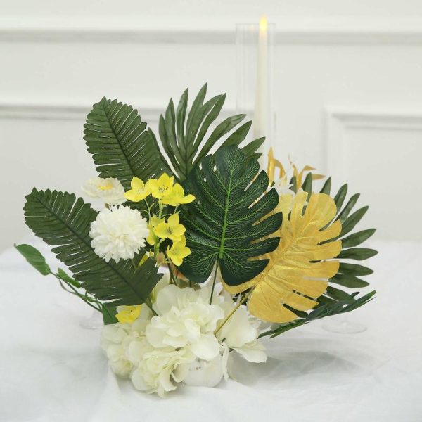 Plants & Pampas |   28 Pack Green And Gold Silk Tropical Monstera Palm Leaves, Assorted Artificial Jungle Theme Branches Artificial Flowers & Greens Plants & Pampas