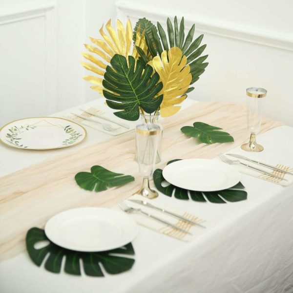 Plants & Pampas |   28 Pack Green And Gold Silk Tropical Monstera Palm Leaves, Assorted Artificial Jungle Theme Branches Artificial Flowers & Greens Plants & Pampas