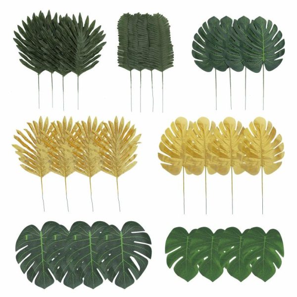 Plants & Pampas |   28 Pack Green And Gold Silk Tropical Monstera Palm Leaves, Assorted Artificial Jungle Theme Branches Artificial Flowers & Greens Plants & Pampas