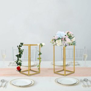 Props, Columns & Pedestals |   2 Pack 12″ Rectangular Gold Metal Wedding Flower Stand, Geometric Column Frame Centerpiece Event Props Gold