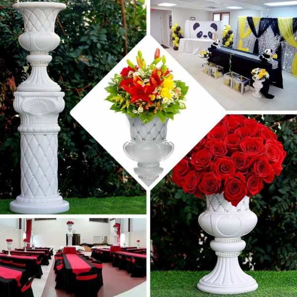 Props, Columns & Pedestals |   2 Pack White Crystal Beaded Italian Inspired Pedestal Stand Flower Plant Pillar With 10mm Crystal Studs – 18″ Tall PVC Event Props Props, Columns & Pedestals