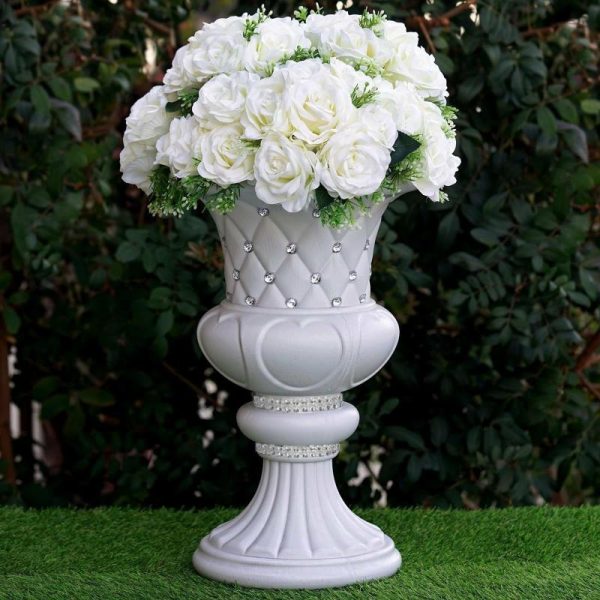 Props, Columns & Pedestals |   2 Pack White Crystal Beaded Italian Inspired Pedestal Stand Flower Plant Pillar With 10mm Crystal Studs – 18″ Tall PVC Event Props Props, Columns & Pedestals