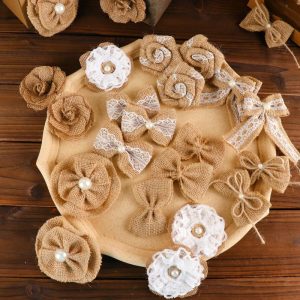 Ribbons |   24 Pcs Natural Burlap Flower and Bows Set w Lace Ribbon Craft Supplies, DIY Jute Stick On Ribbon and Bows, 30 Sticker Dots Included, 8 Assorted Styles Fabric Bolt & Trims Ribbons