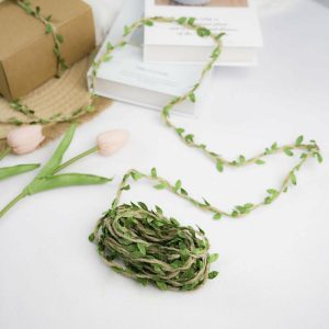 Ribbons |   32FT Natural Jute Twine With Green Leaves, Burlap Leaf Ribbon For DIY Craft Party Wedding Home Decor Fabric Bolt & Trims Ribbons