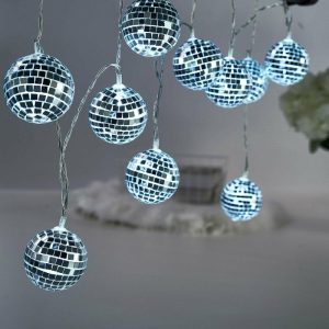 String & Patio Lights |   6ft Silver Disco Mirror Ball Battery Operated 10 LED String Light Garland, Cool White LED Lightings String & Patio Lights