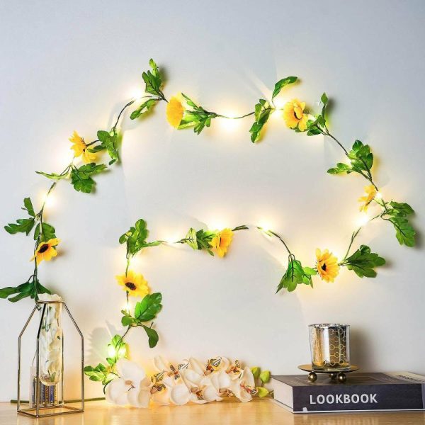 String & Patio Lights |   8ft Warm White 20 LED Artificial Sunflower Garland Vine Lights, Battery Operated String Lights LED Lightings String & Patio Lights