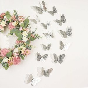 Table Scatters |   12 Pack 3D Silver Butterfly Wall Decals DIY Removable Mural Stickers Cake Decorations Party Balloons & Supplies Butterfly Collection