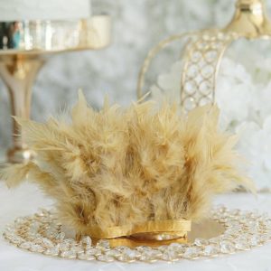 Trims & Diamond Rolls |   39″ Gold Real Turkey Feather Fringe Trim With Satin Ribbon Tape Fabric Bolt & Trims Gold