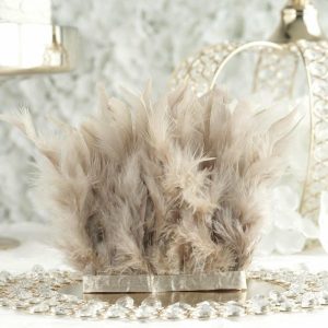 Trims & Diamond Rolls |   39″ Natural Real Turkey Feather Fringe Trim With Satin Ribbon Tape Fabric Bolt & Trims Natural