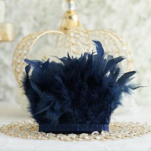 Trims & Diamond Rolls |   39″ Navy Blue Real Turkey Feather Fringe Trim With Satin Ribbon Tape Fabric Bolt & Trims Navy Blue