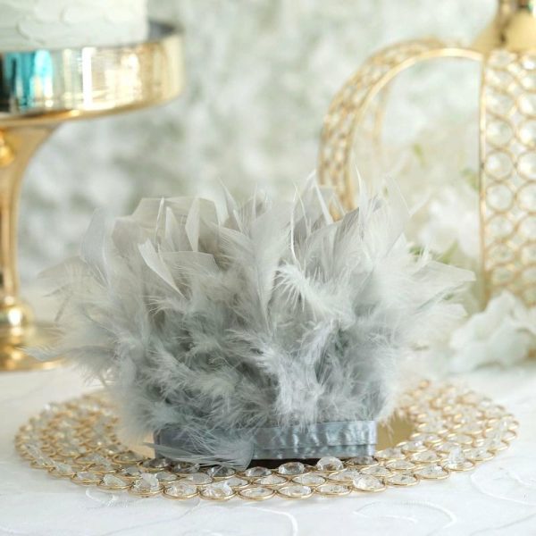 Trims & Diamond Rolls |   39″ Silver Real Turkey Feather Fringe Trim With Satin Ribbon Tape Fabric Bolt & Trims Silver