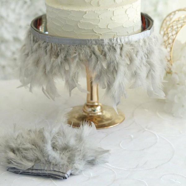 Trims & Diamond Rolls |   39″ Silver Real Turkey Feather Fringe Trim With Satin Ribbon Tape Fabric Bolt & Trims Silver