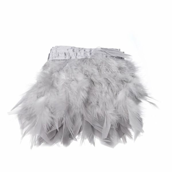 Trims & Diamond Rolls |   39″ Silver Real Turkey Feather Fringe Trim With Satin Ribbon Tape Fabric Bolt & Trims Silver