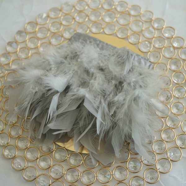 Trims & Diamond Rolls |   39″ Silver Real Turkey Feather Fringe Trim With Satin Ribbon Tape Fabric Bolt & Trims Silver