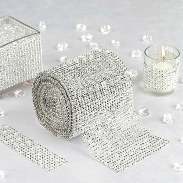 Trims & Diamond Rolls |   5″x10 Yards Shiny Silver Diamond Rhinestone Ribbon Wrap Roll, DIY Craft Decor Fabric Bolt & Trims Silver